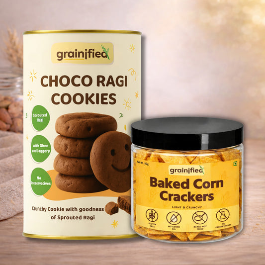 Grainified Clean Snack Box | Baked Corn Crackers + Choco Ragi Cookies